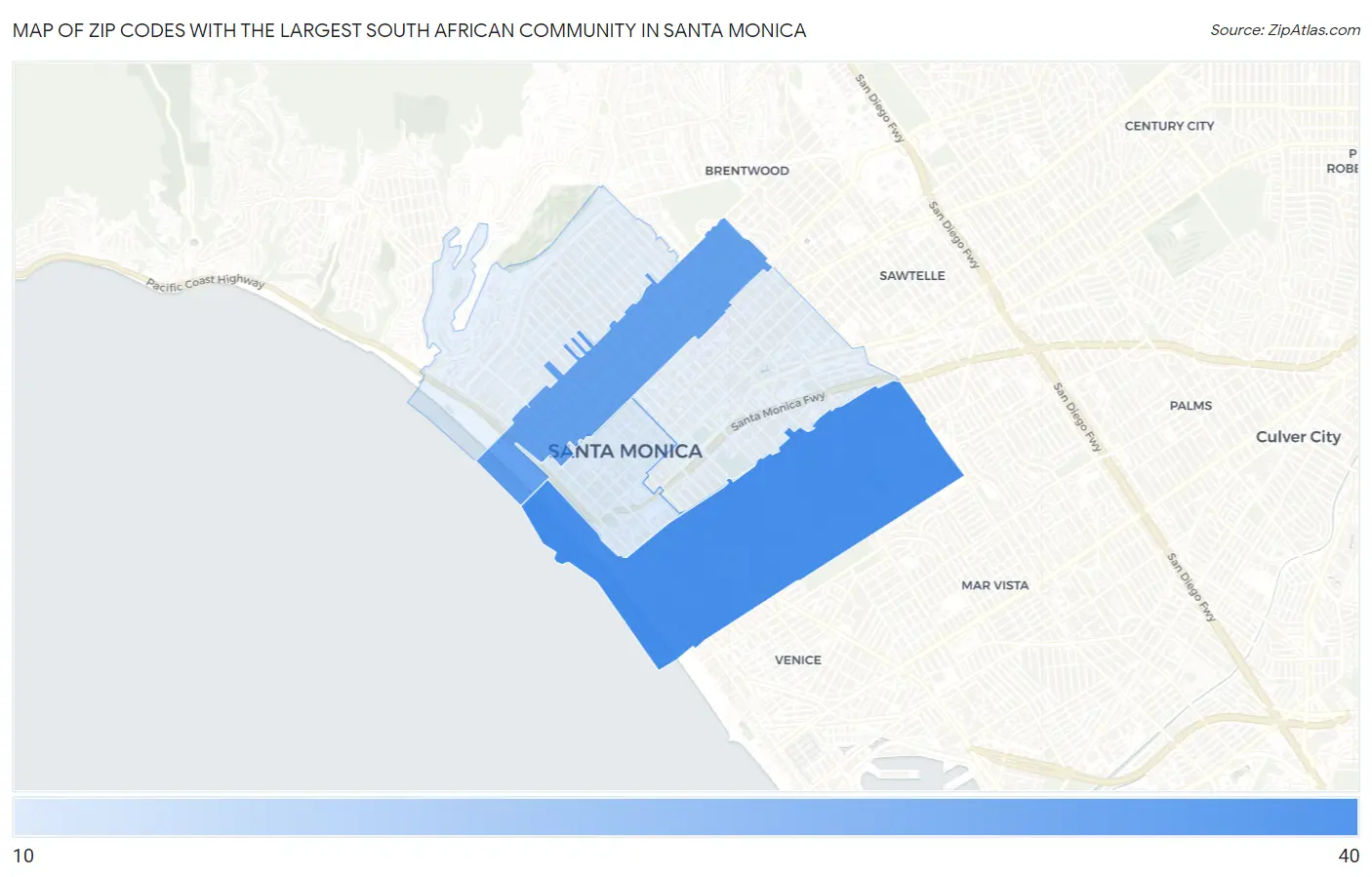 Zip Codes with the Largest South African Community in Santa Monica Map