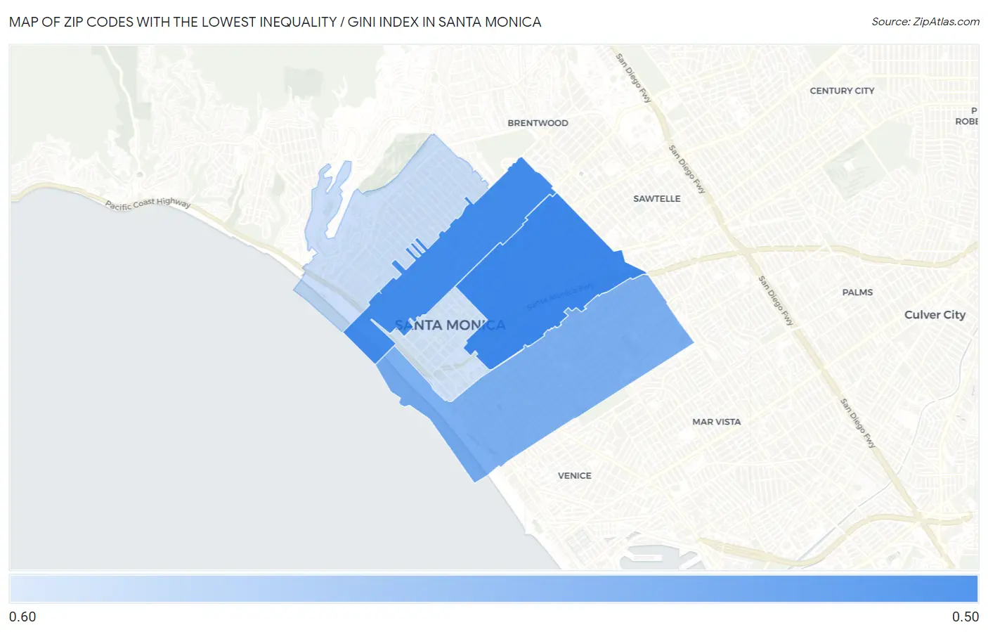 Zip Codes with the Lowest Inequality / Gini Index in Santa Monica Map