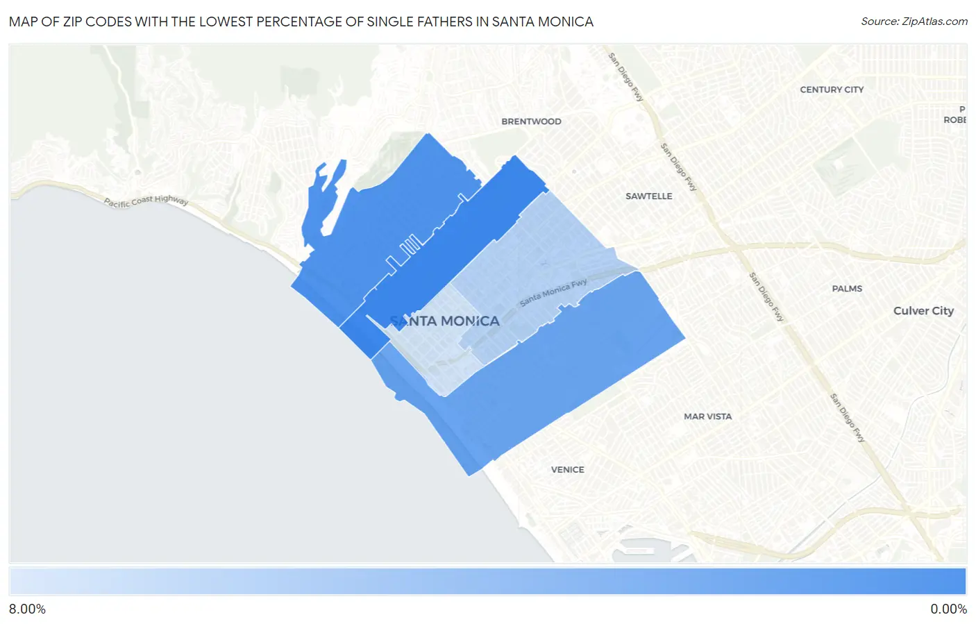 Zip Codes with the Lowest Percentage of Single Fathers in Santa Monica Map