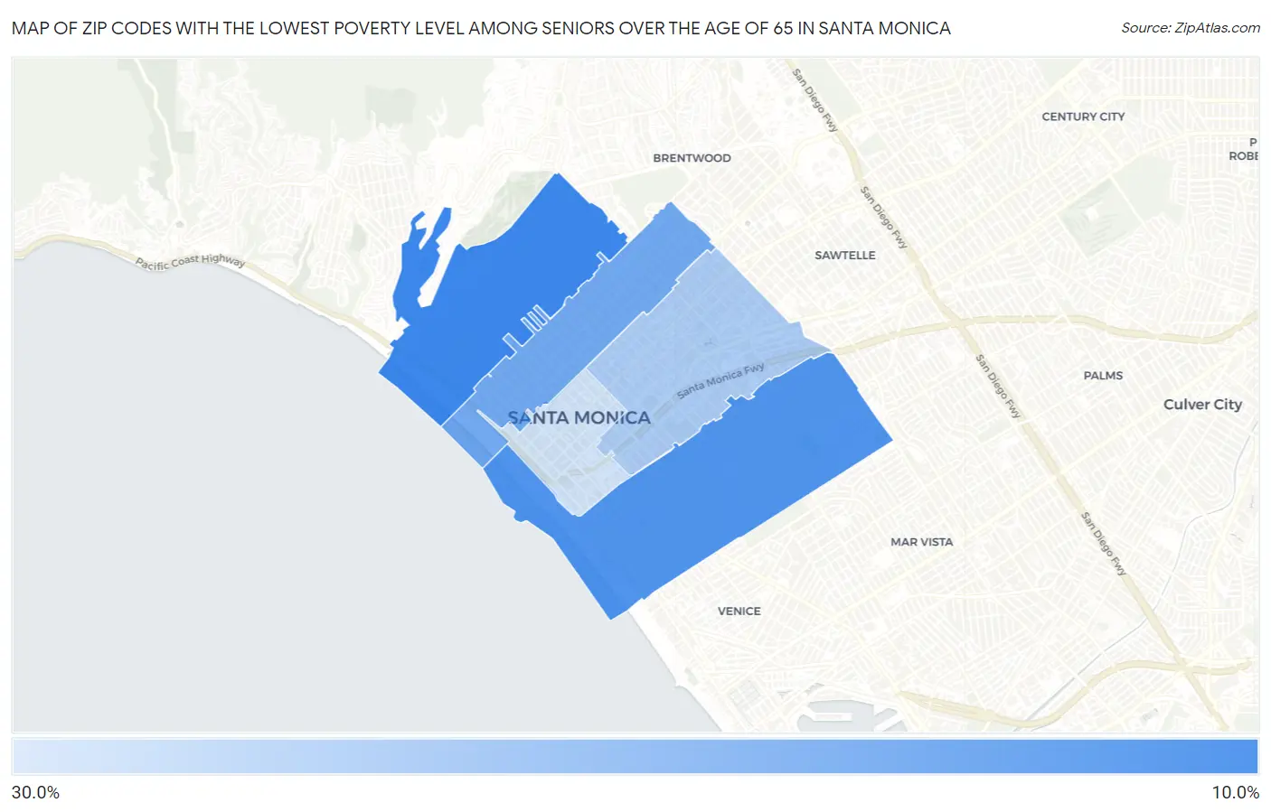 Zip Codes with the Lowest Poverty Level Among Seniors Over the Age of 65 in Santa Monica Map