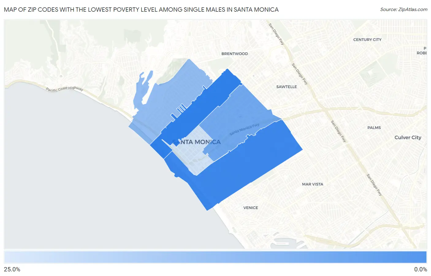 Zip Codes with the Lowest Poverty Level Among Single Males in Santa Monica Map