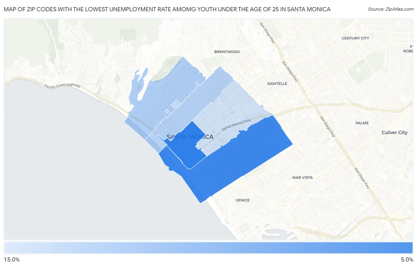 Zip Codes with the Lowest Unemployment Rate Amomg Youth Under the Age of 25 in Santa Monica Map