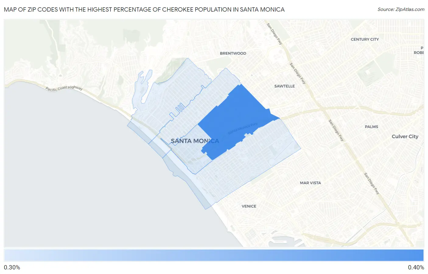 Zip Codes with the Highest Percentage of Cherokee Population in Santa Monica Map