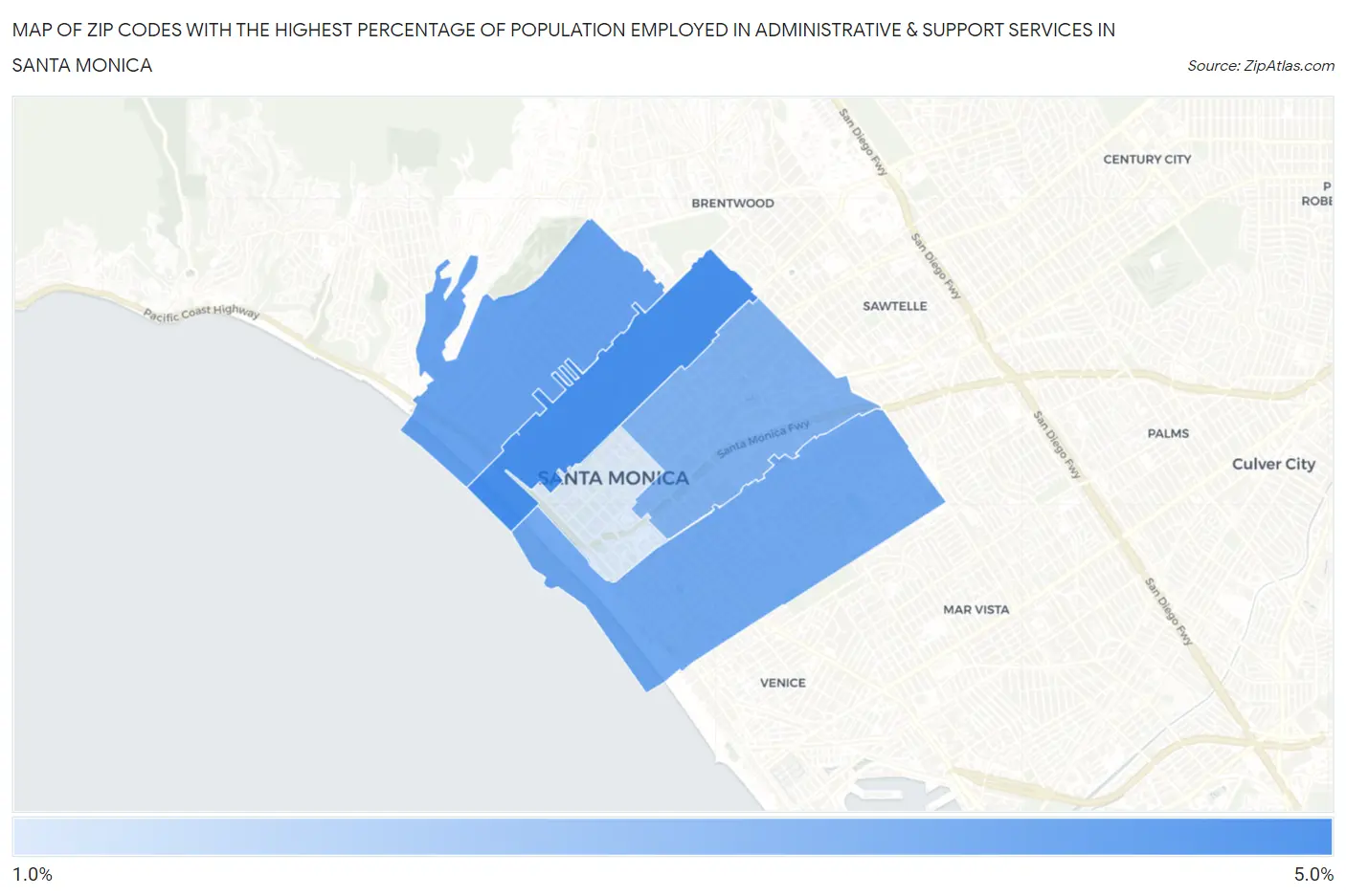 Zip Codes with the Highest Percentage of Population Employed in Administrative & Support Services in Santa Monica Map
