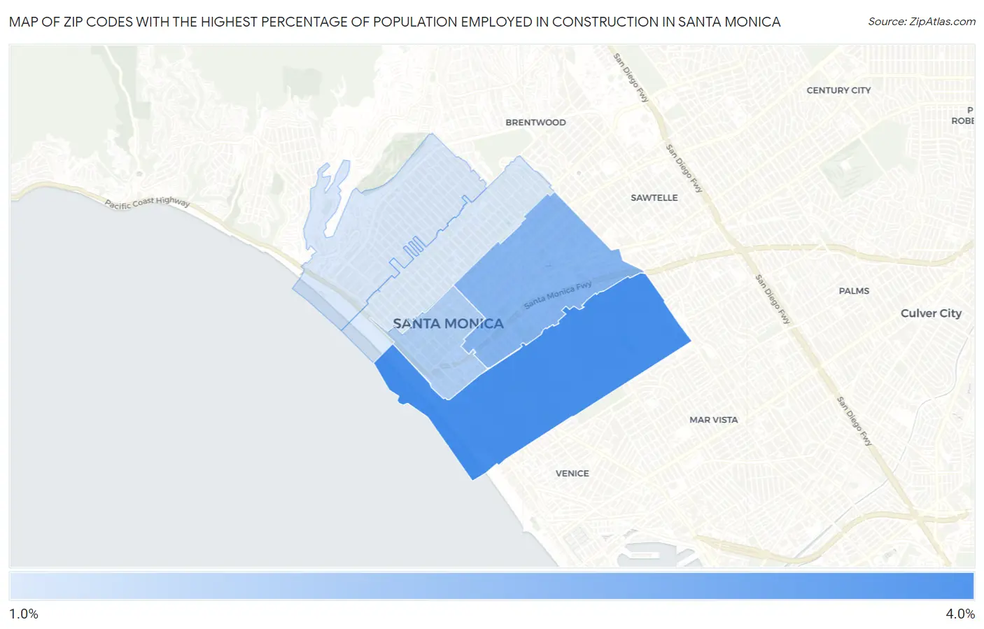 Zip Codes with the Highest Percentage of Population Employed in Construction in Santa Monica Map