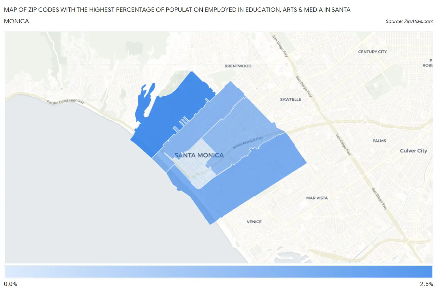 Zip Codes with the Highest Percentage of Population Employed in Education, Arts & Media in Santa Monica Map