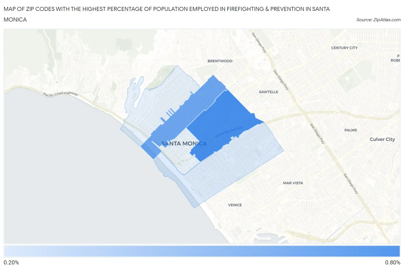 Zip Codes with the Highest Percentage of Population Employed in Firefighting & Prevention in Santa Monica Map