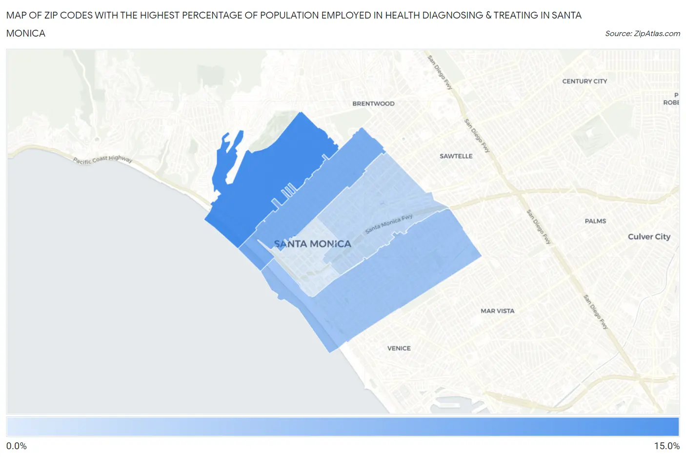 Zip Codes with the Highest Percentage of Population Employed in Health Diagnosing & Treating in Santa Monica Map