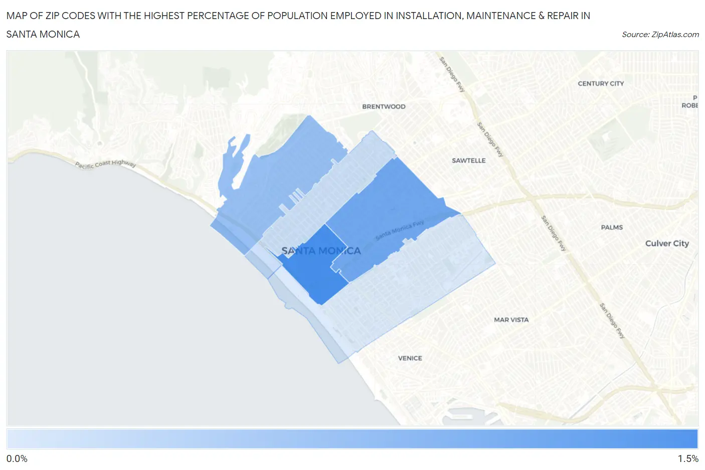 Zip Codes with the Highest Percentage of Population Employed in Installation, Maintenance & Repair in Santa Monica Map