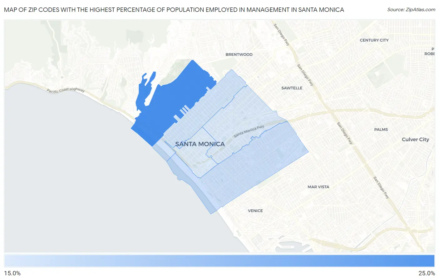 Zip Codes with the Highest Percentage of Population Employed in Management in Santa Monica Map