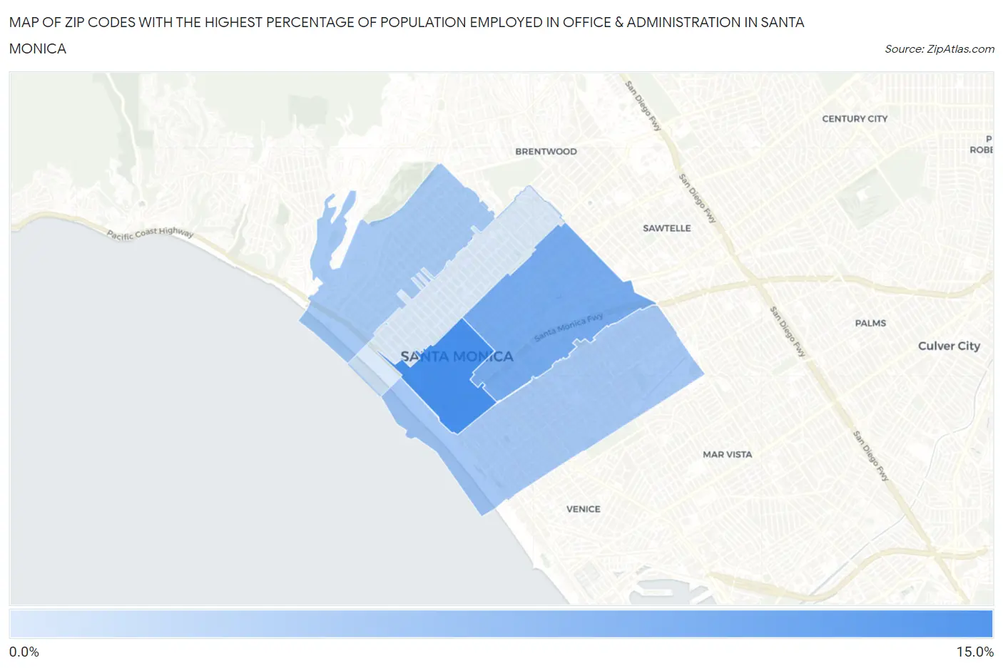 Zip Codes with the Highest Percentage of Population Employed in Office & Administration in Santa Monica Map