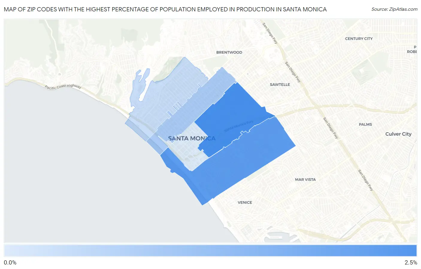 Zip Codes with the Highest Percentage of Population Employed in Production in Santa Monica Map