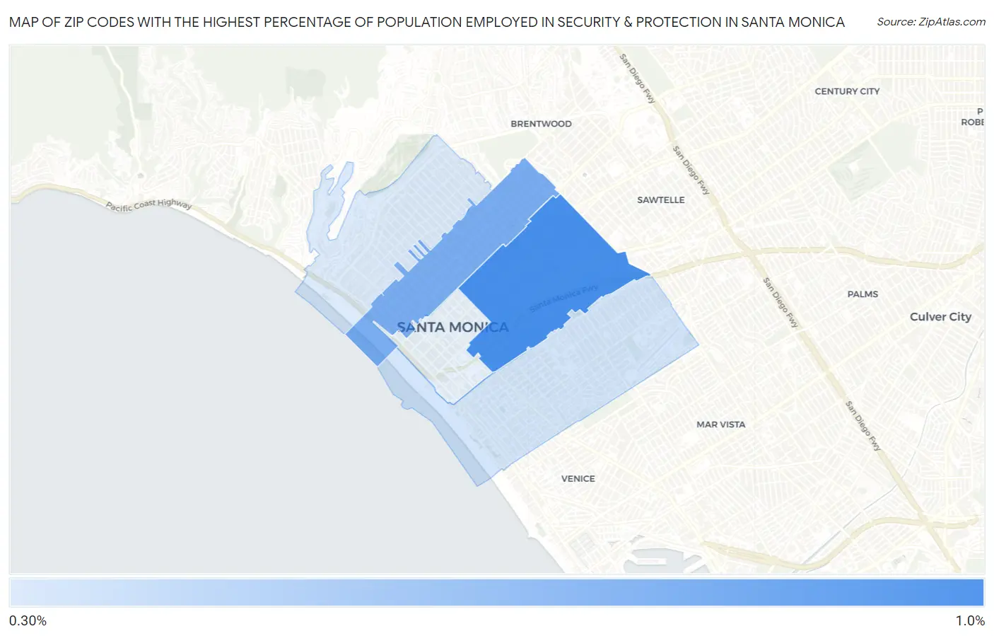 Zip Codes with the Highest Percentage of Population Employed in Security & Protection in Santa Monica Map
