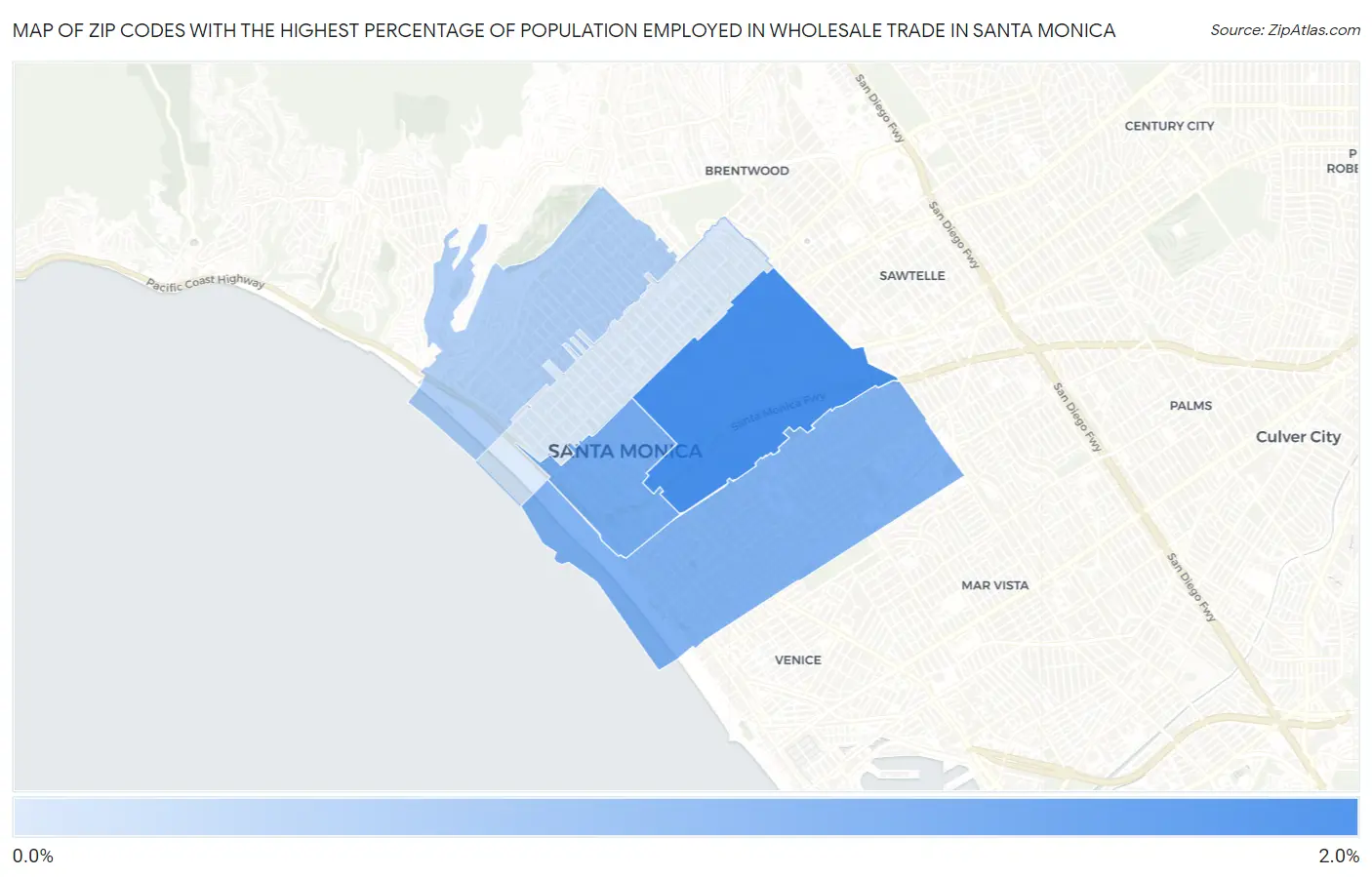 Zip Codes with the Highest Percentage of Population Employed in Wholesale Trade in Santa Monica Map