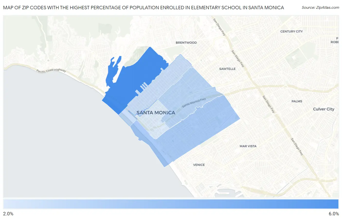 Zip Codes with the Highest Percentage of Population Enrolled in Elementary School in Santa Monica Map
