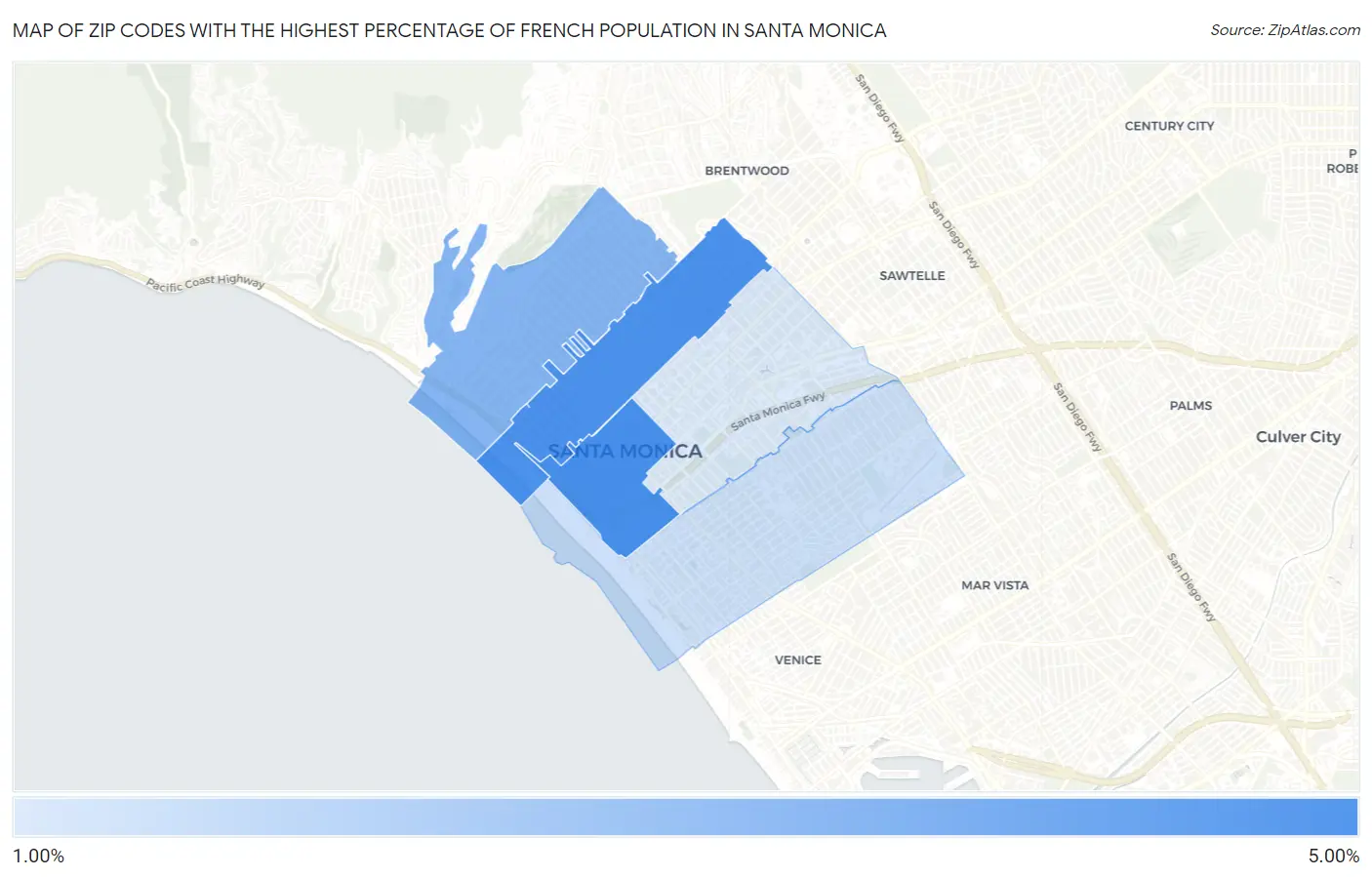 Zip Codes with the Highest Percentage of French Population in Santa Monica Map