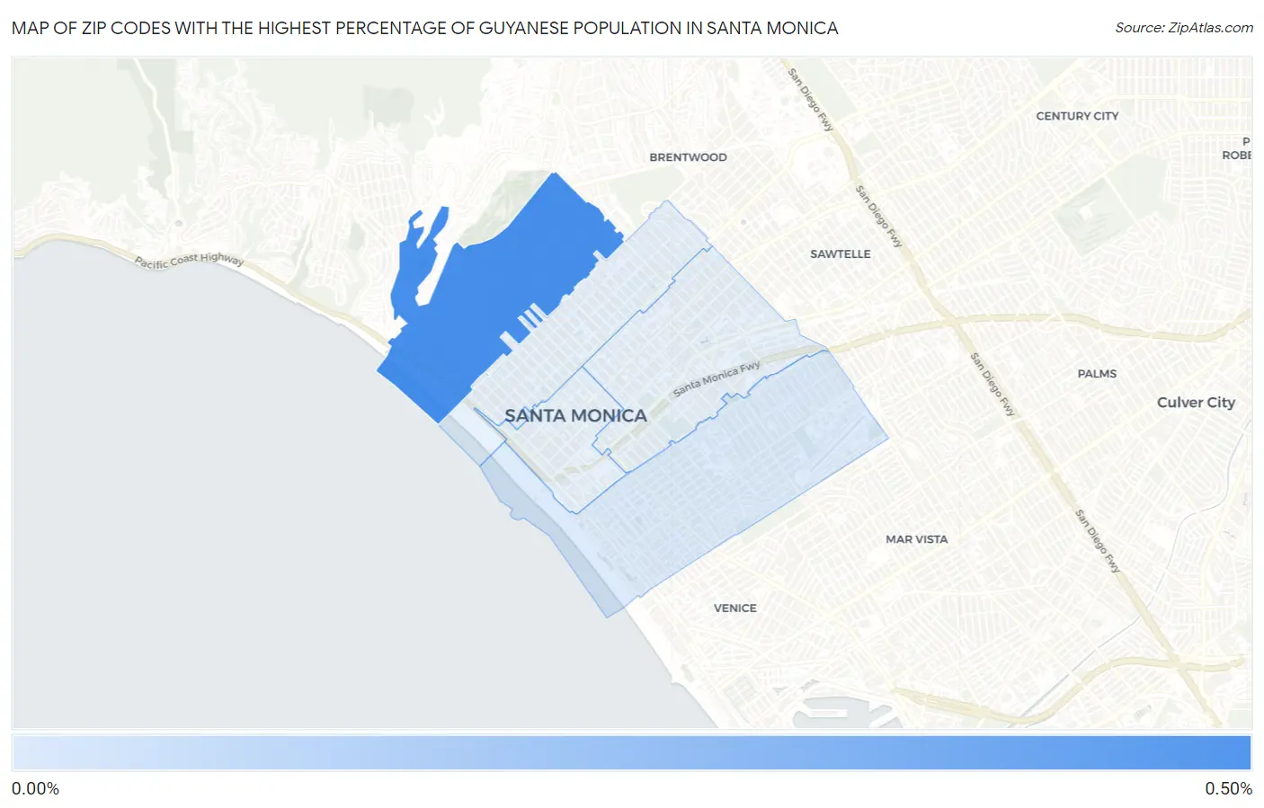 Zip Codes with the Highest Percentage of Guyanese Population in Santa Monica Map