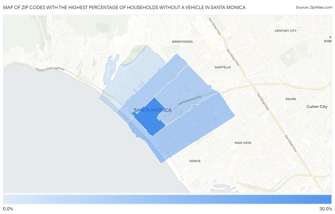 Zip Codes with the Highest Percentage of Households Without a Vehicle in Santa Monica Map
