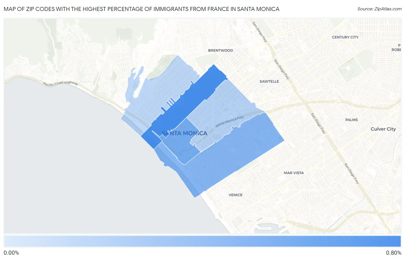 Zip Codes with the Highest Percentage of Immigrants from France in Santa Monica Map