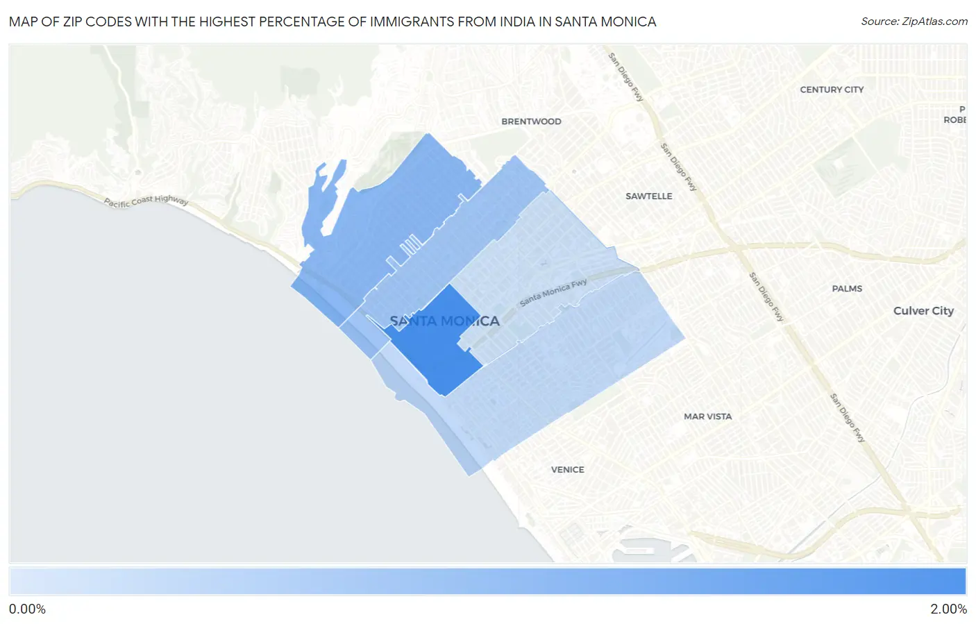 Zip Codes with the Highest Percentage of Immigrants from India in Santa Monica Map