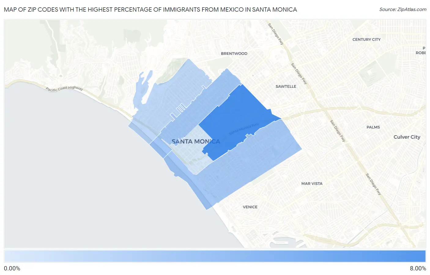 Zip Codes with the Highest Percentage of Immigrants from Mexico in Santa Monica Map