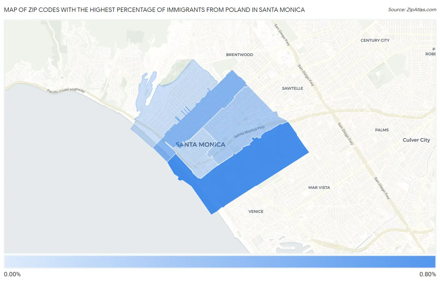 Zip Codes with the Highest Percentage of Immigrants from Poland in Santa Monica Map
