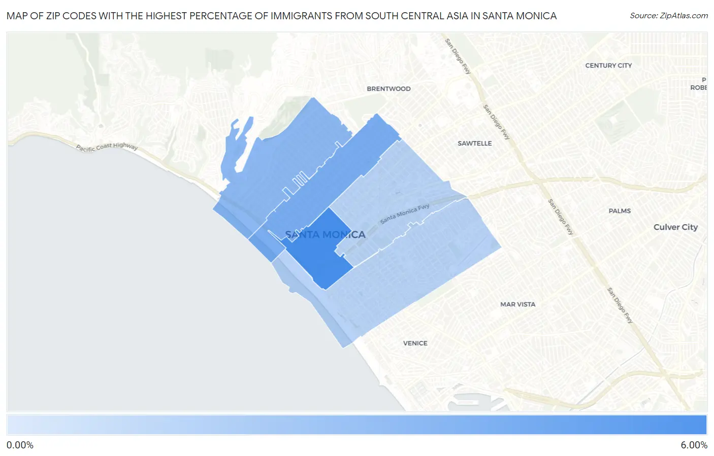 Zip Codes with the Highest Percentage of Immigrants from South Central Asia in Santa Monica Map