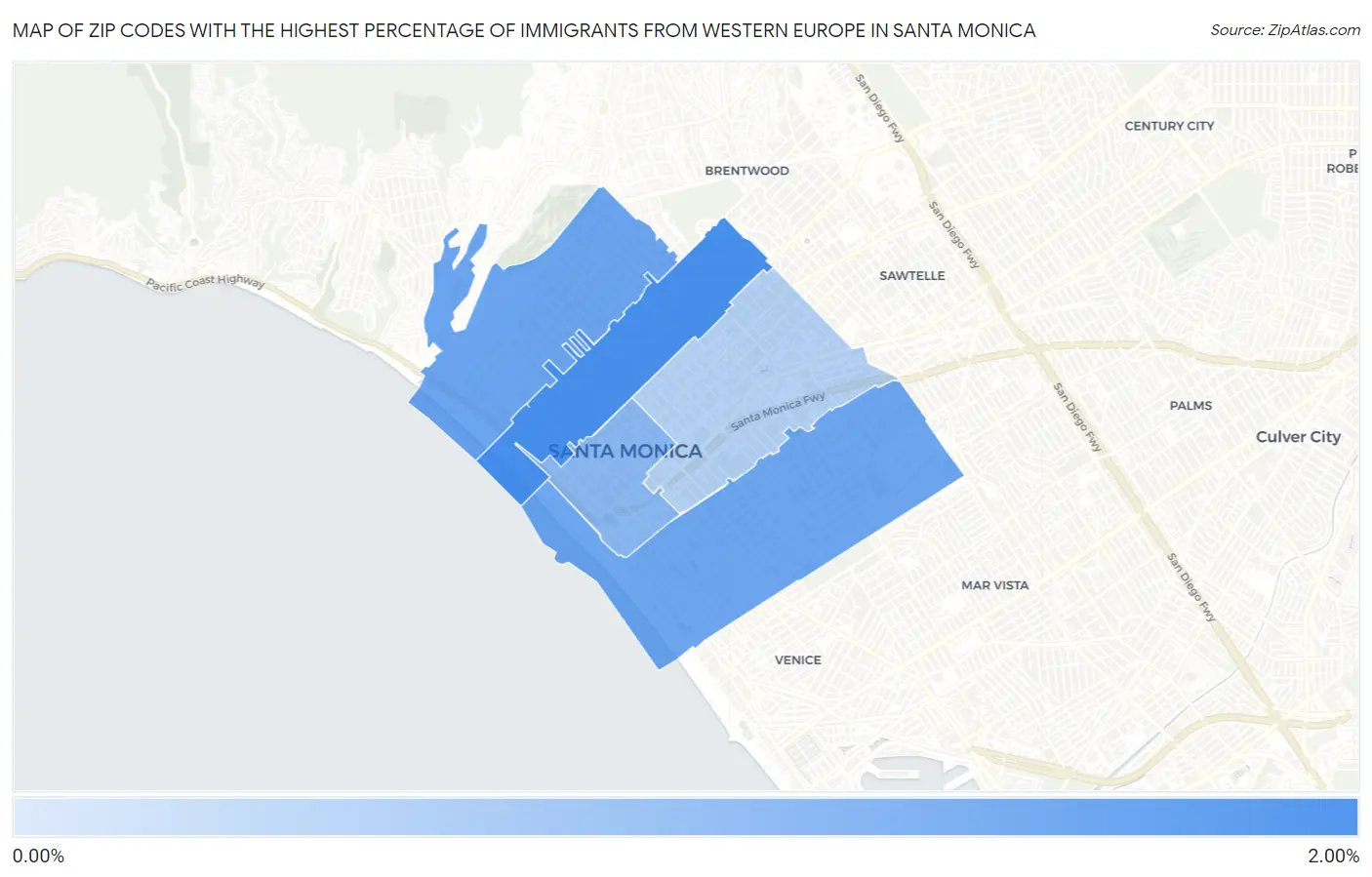 Zip Codes with the Highest Percentage of Immigrants from Western Europe in Santa Monica Map