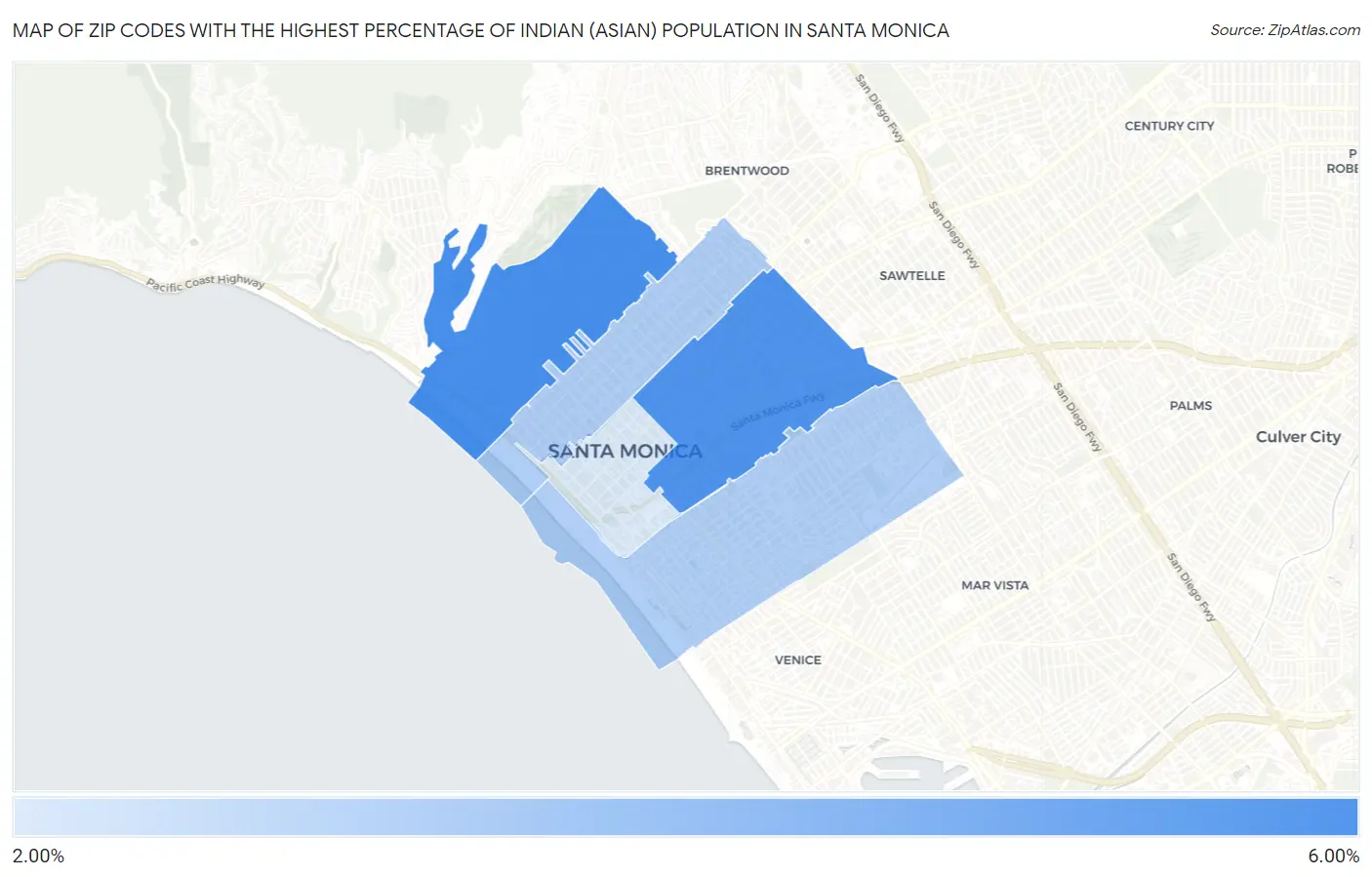 Zip Codes with the Highest Percentage of Indian (Asian) Population in Santa Monica Map