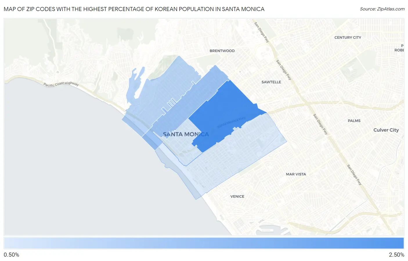 Zip Codes with the Highest Percentage of Korean Population in Santa Monica Map