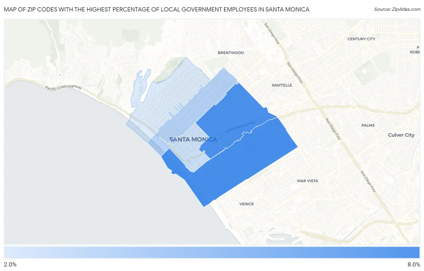 Zip Codes with the Highest Percentage of Local Government Employees in Santa Monica Map