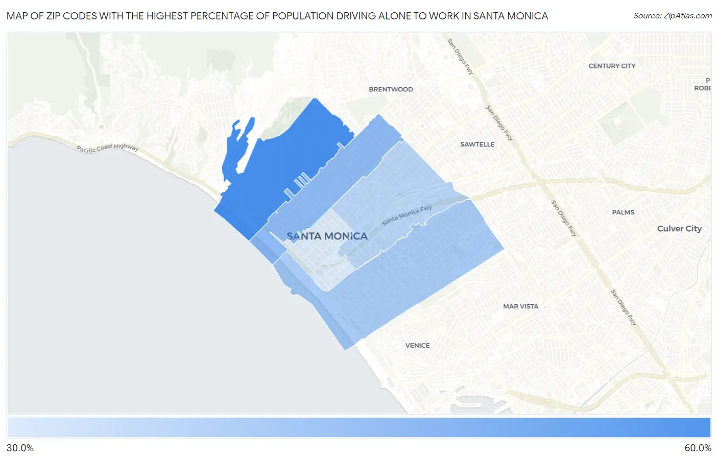 Zip Codes with the Highest Percentage of Population Driving Alone to Work in Santa Monica Map