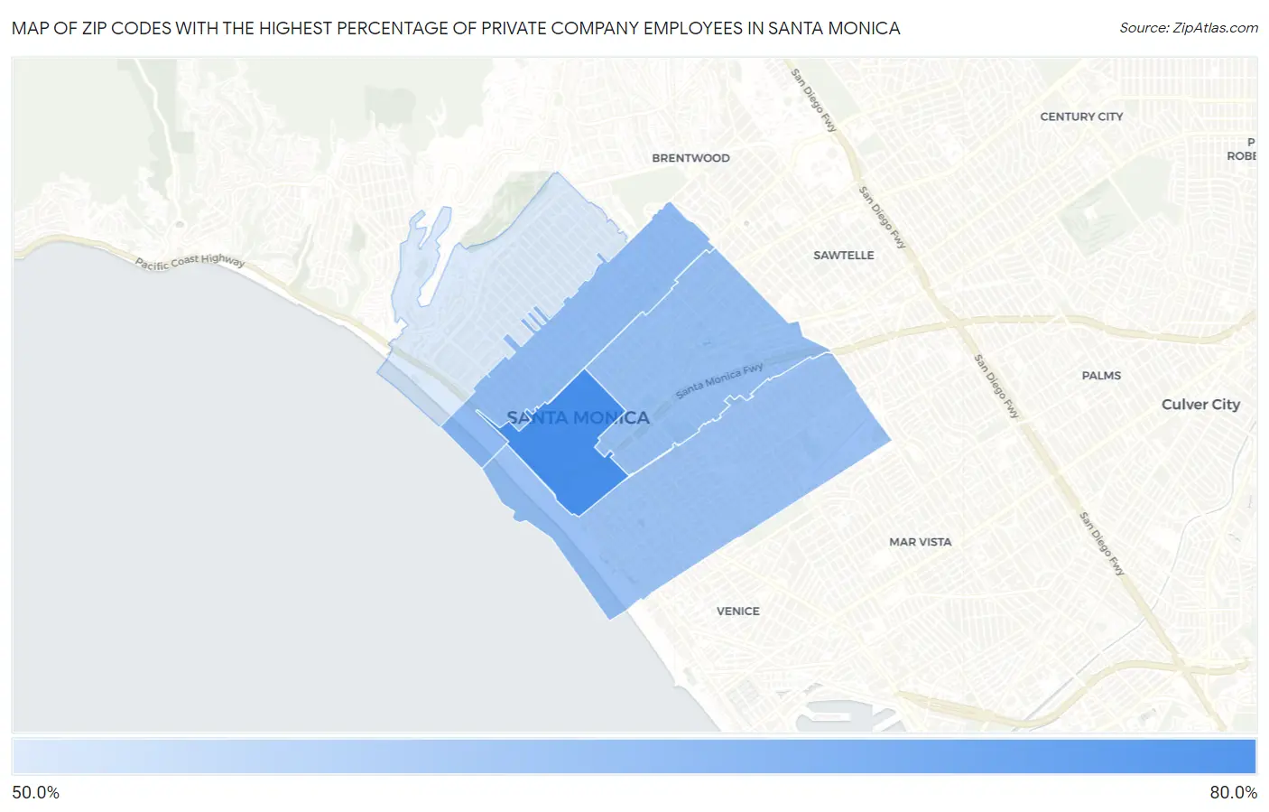 Zip Codes with the Highest Percentage of Private Company Employees in Santa Monica Map