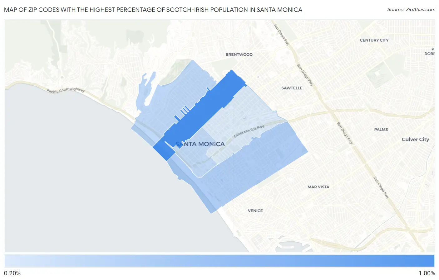Zip Codes with the Highest Percentage of Scotch-Irish Population in Santa Monica Map