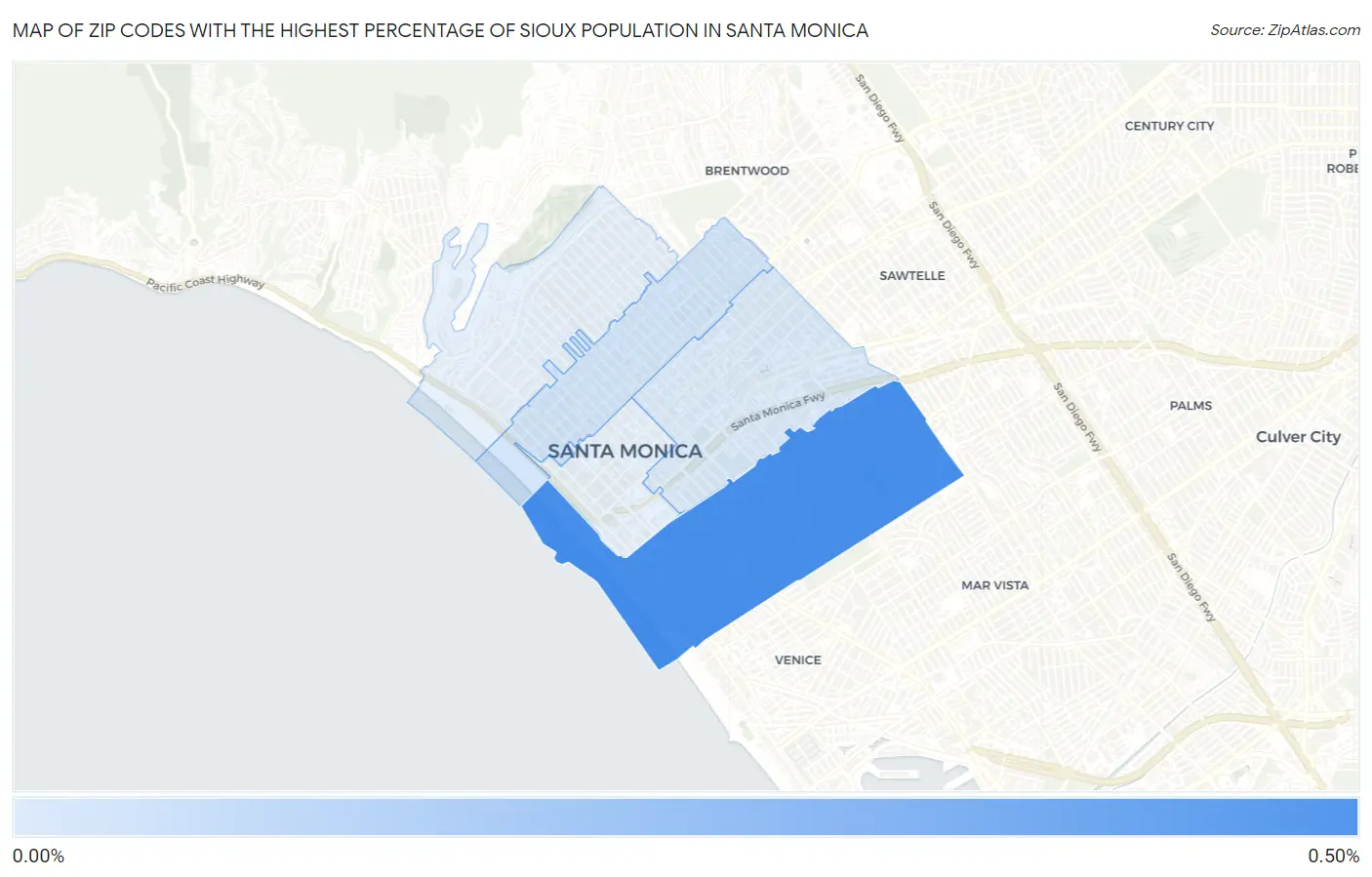 Zip Codes with the Highest Percentage of Sioux Population in Santa Monica Map