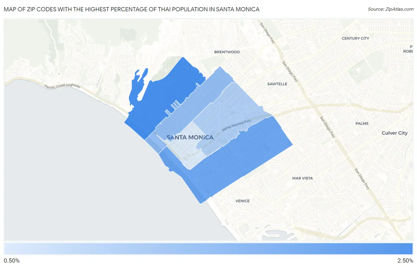 Zip Codes with the Highest Percentage of Thai Population in Santa Monica Map