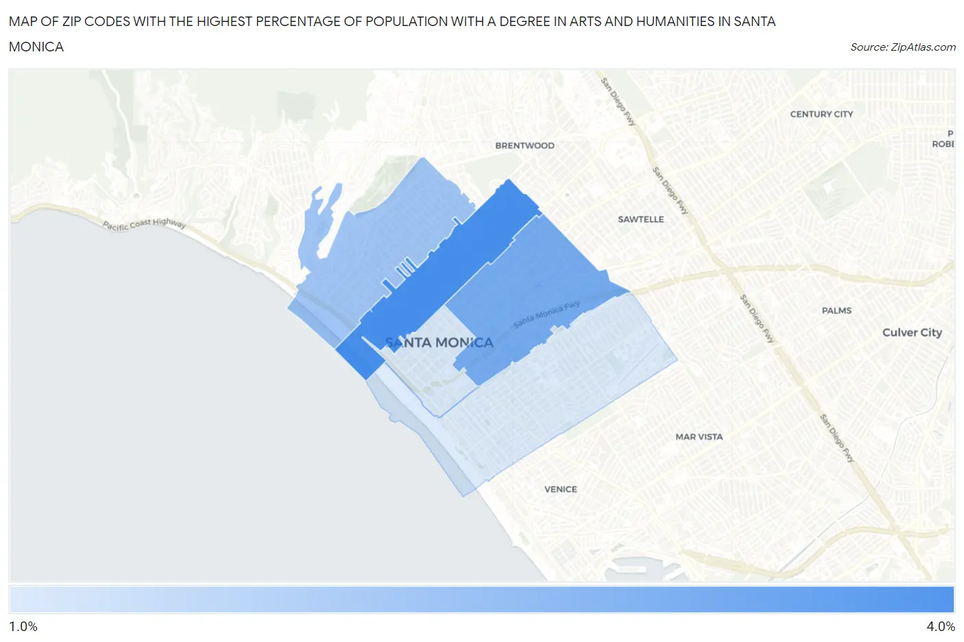 Zip Codes with the Highest Percentage of Population with a Degree in Arts and Humanities in Santa Monica Map