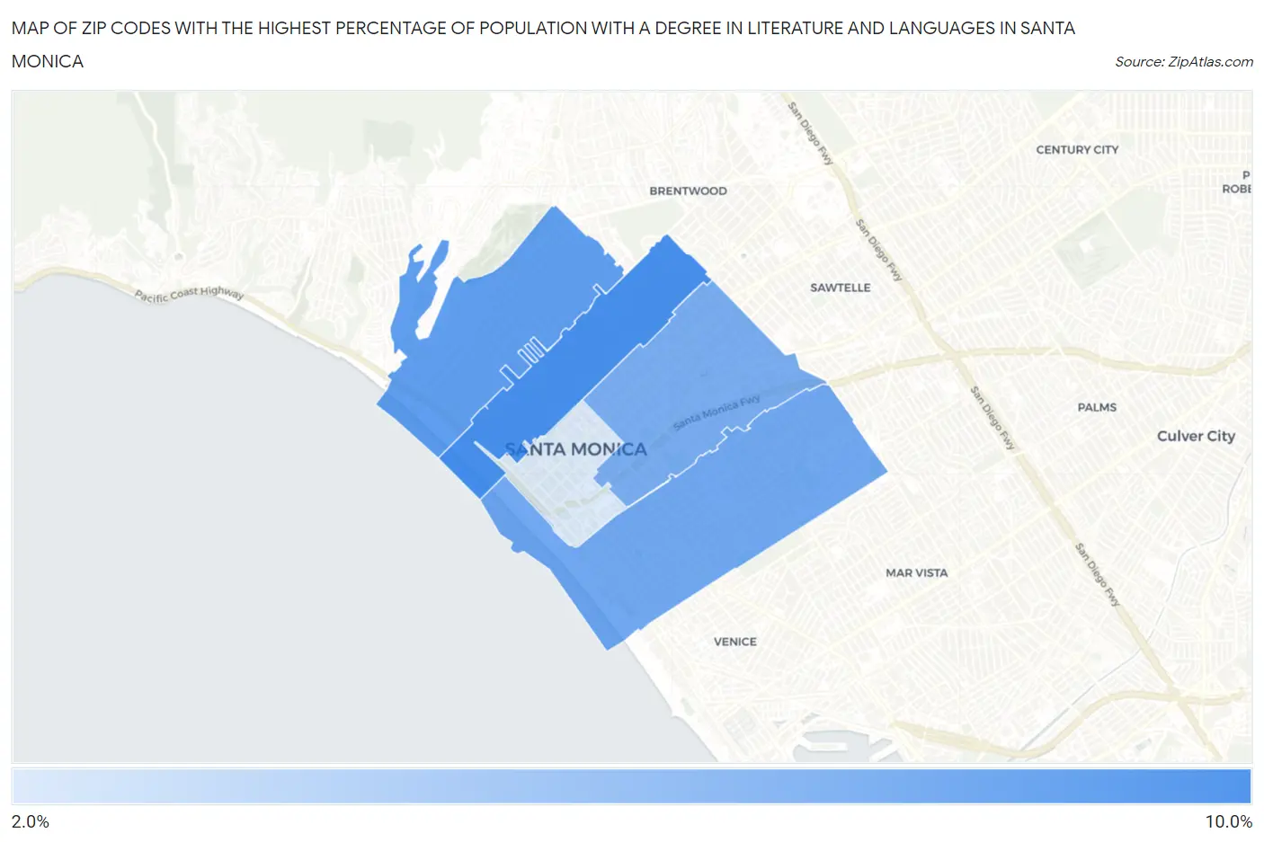 Zip Codes with the Highest Percentage of Population with a Degree in Literature and Languages in Santa Monica Map