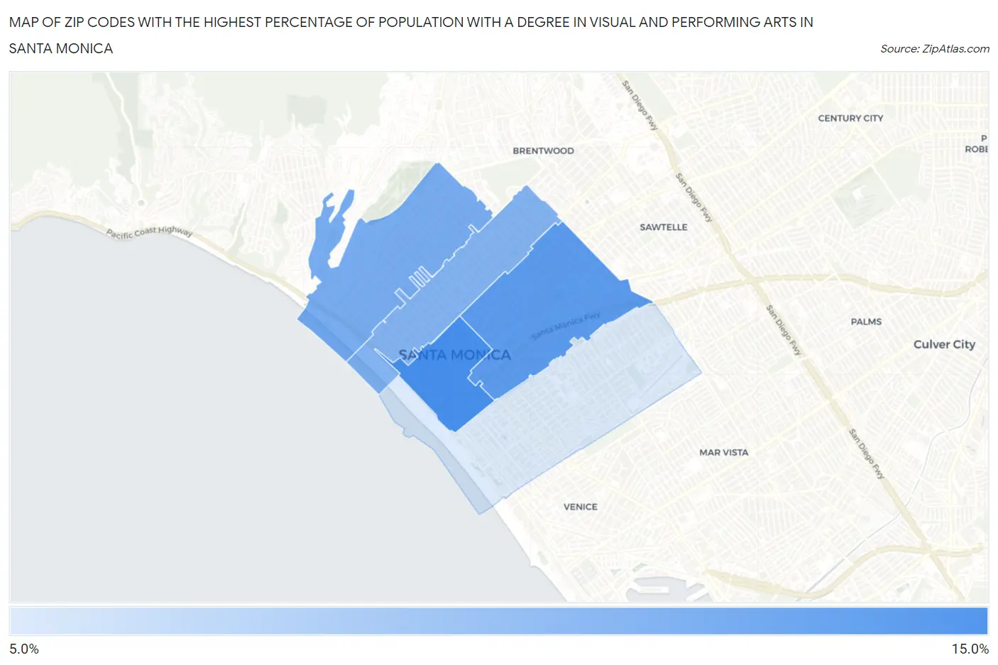 Zip Codes with the Highest Percentage of Population with a Degree in Visual and Performing Arts in Santa Monica Map