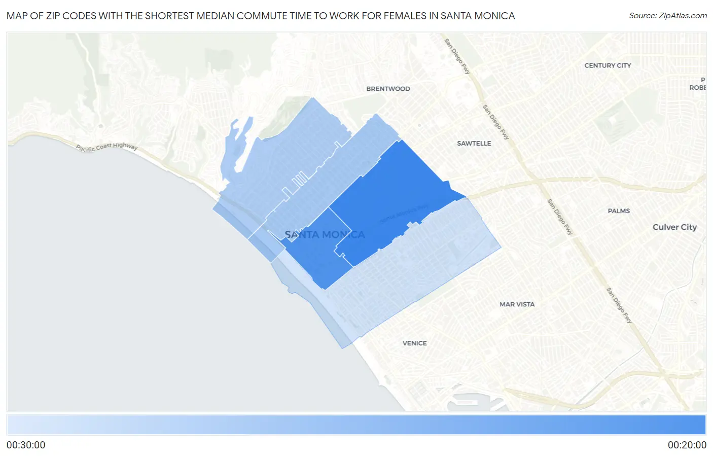 Zip Codes with the Shortest Median Commute Time to Work for Females in Santa Monica Map