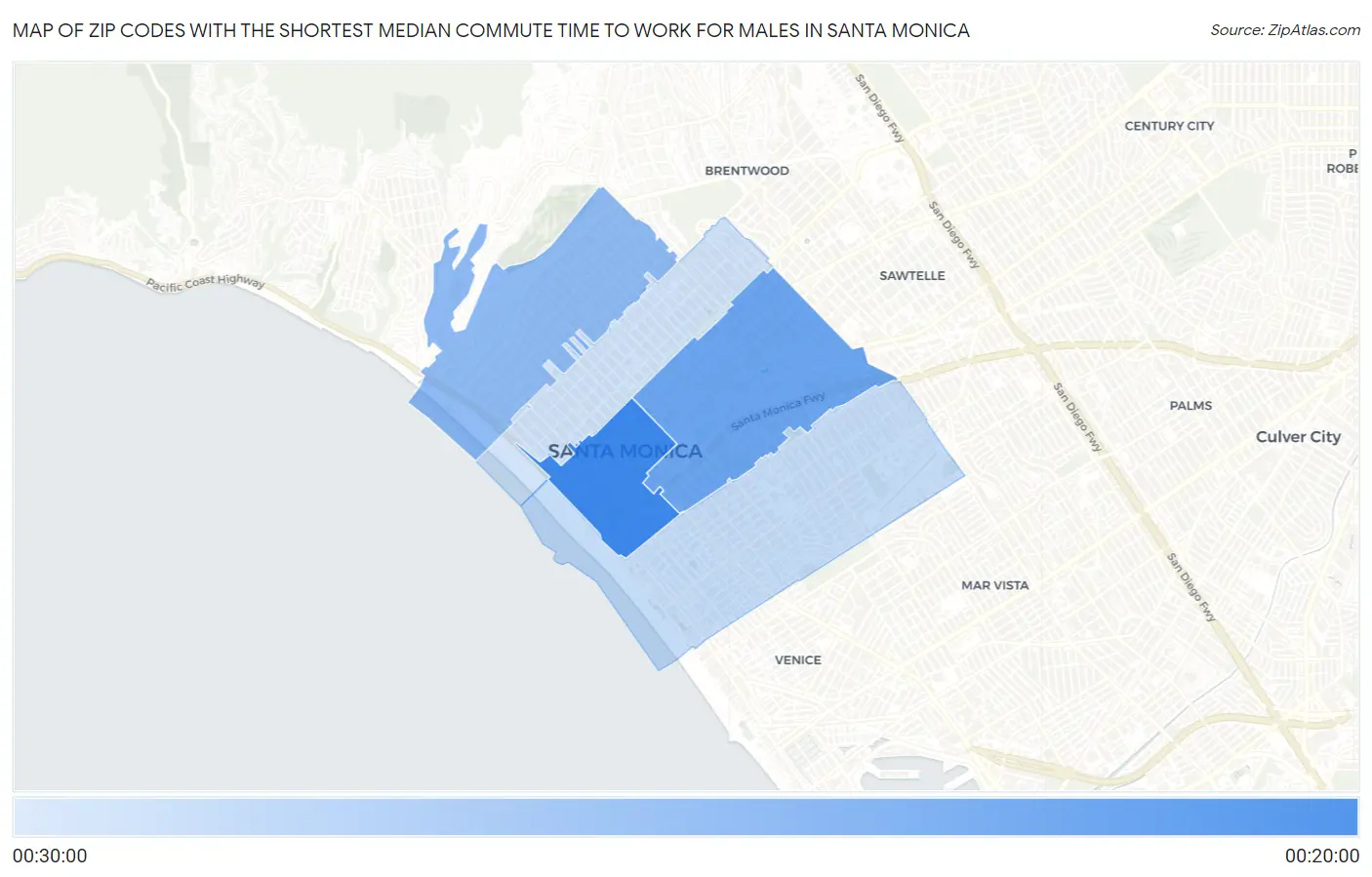 Zip Codes with the Shortest Median Commute Time to Work for Males in Santa Monica Map