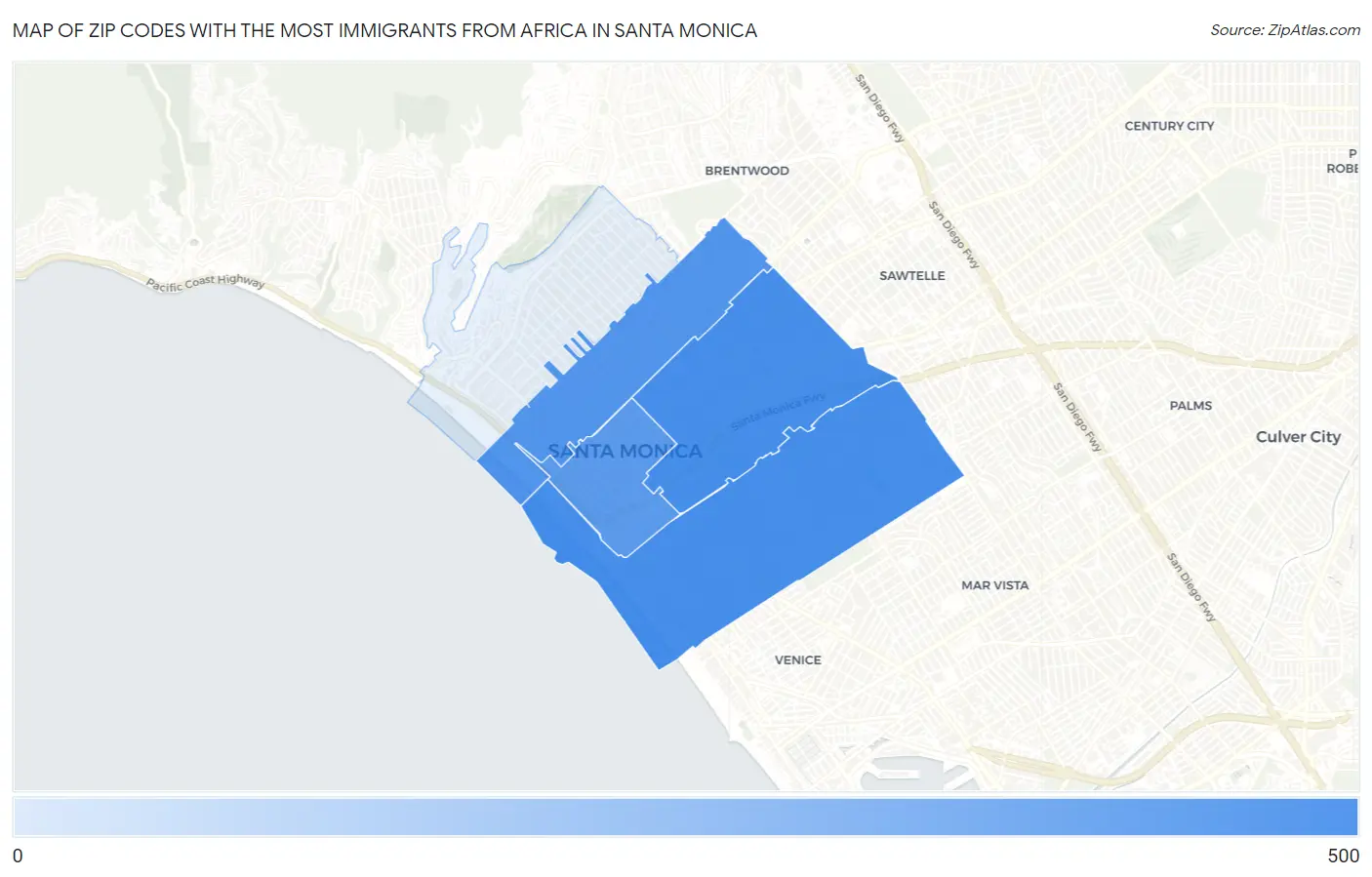 Zip Codes with the Most Immigrants from Africa in Santa Monica Map