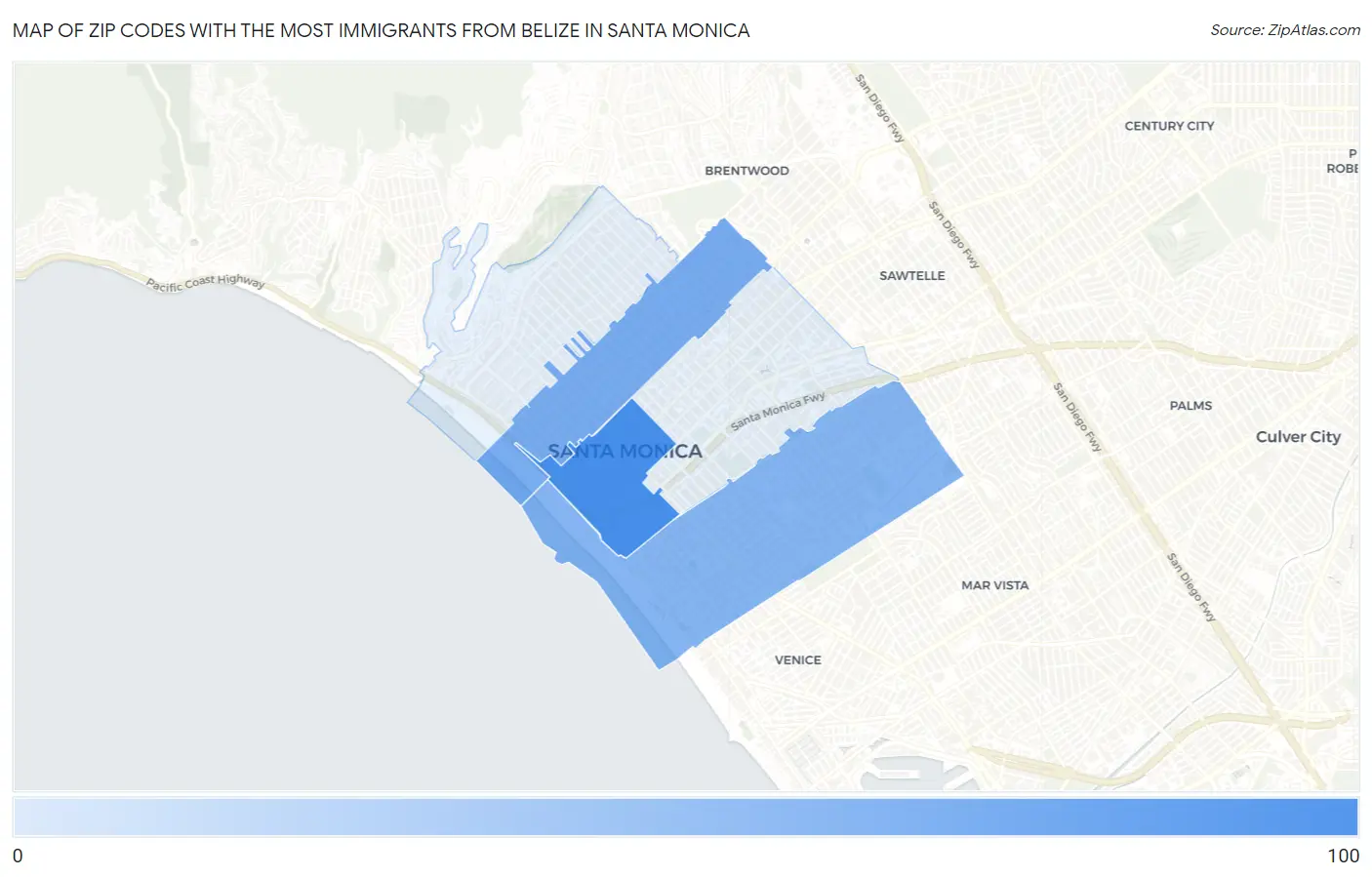 Zip Codes with the Most Immigrants from Belize in Santa Monica Map