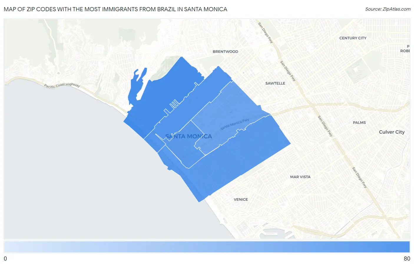 Zip Codes with the Most Immigrants from Brazil in Santa Monica Map