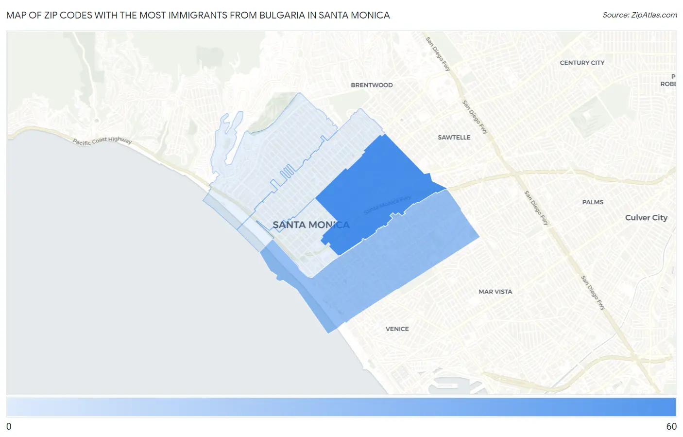 Zip Codes with the Most Immigrants from Bulgaria in Santa Monica Map