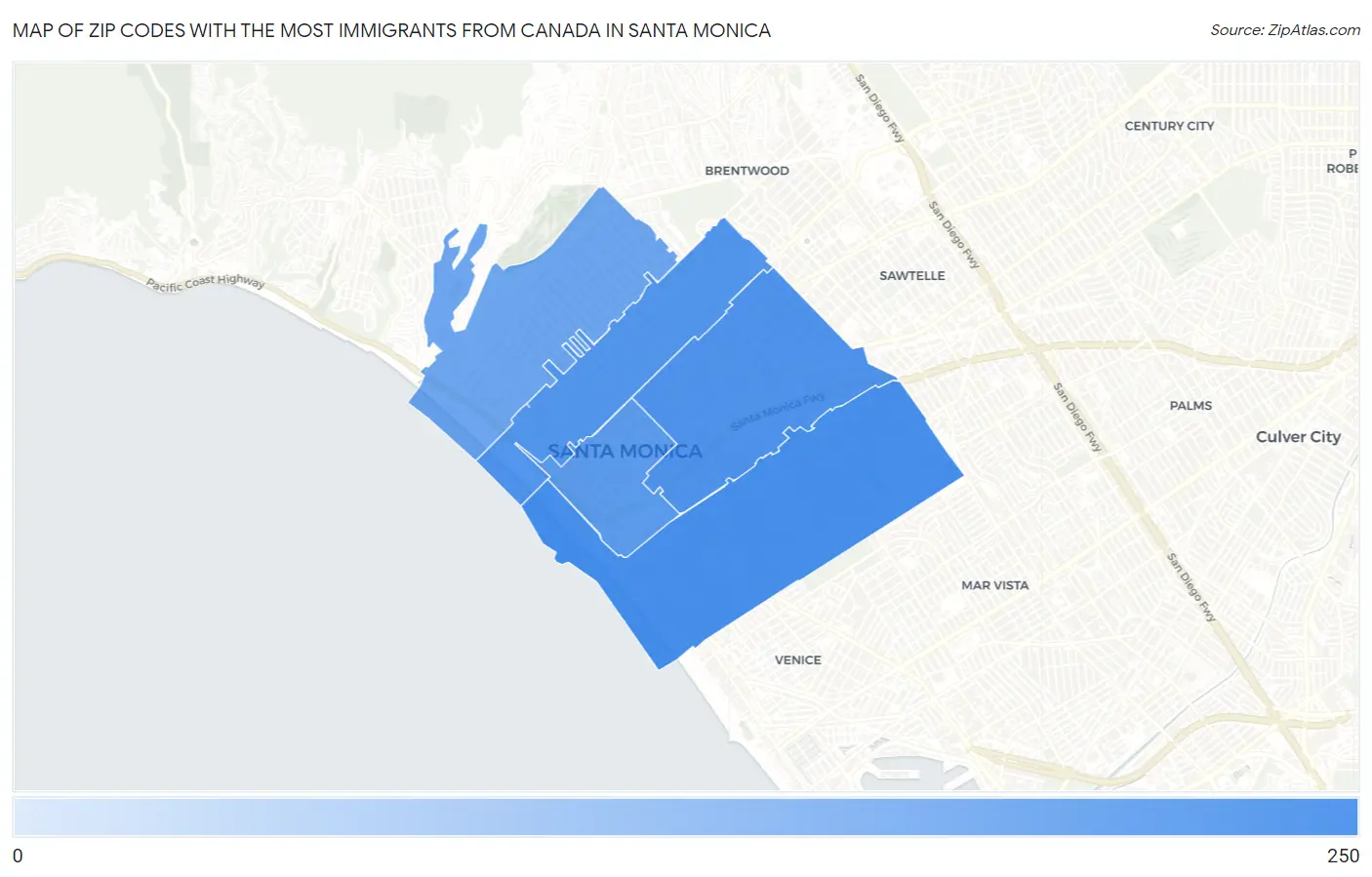 Zip Codes with the Most Immigrants from Canada in Santa Monica Map