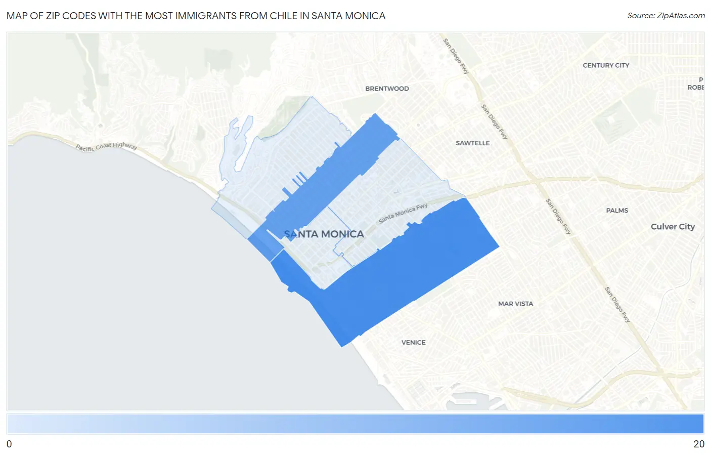 Zip Codes with the Most Immigrants from Chile in Santa Monica Map