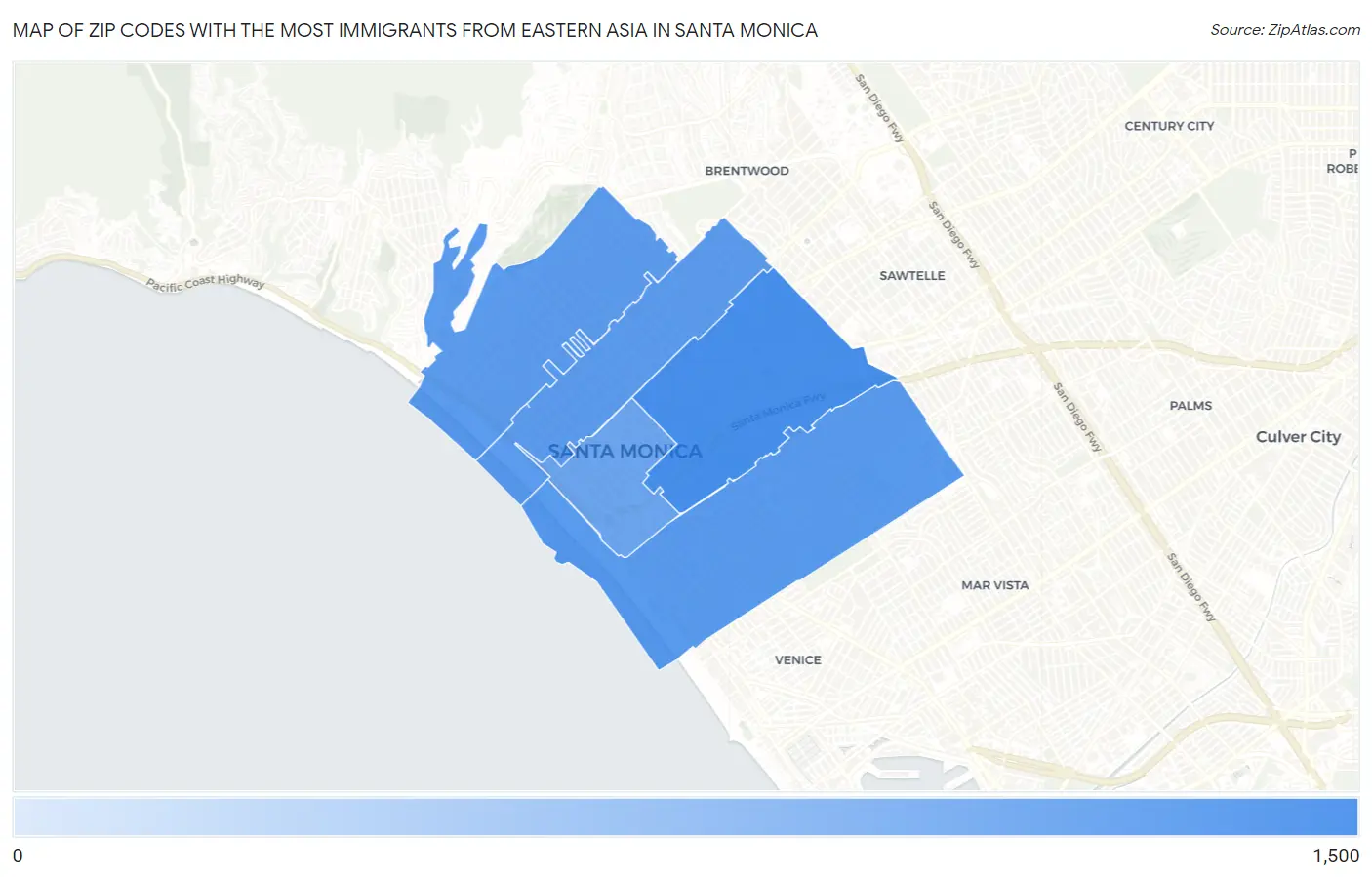 Zip Codes with the Most Immigrants from Eastern Asia in Santa Monica Map