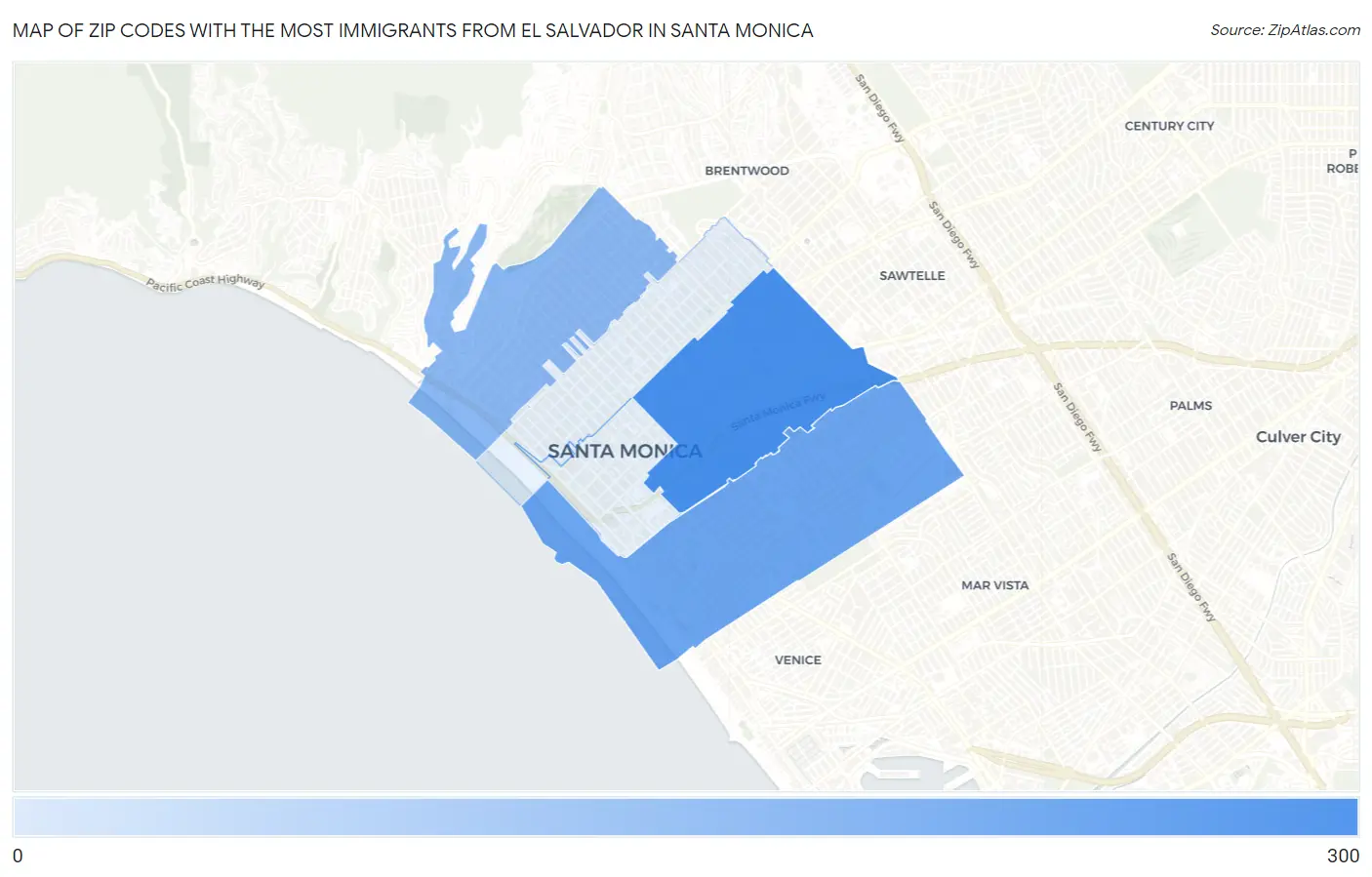 Zip Codes with the Most Immigrants from El Salvador in Santa Monica Map