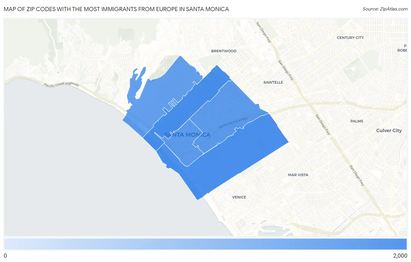 Zip Codes with the Most Immigrants from Europe in Santa Monica Map